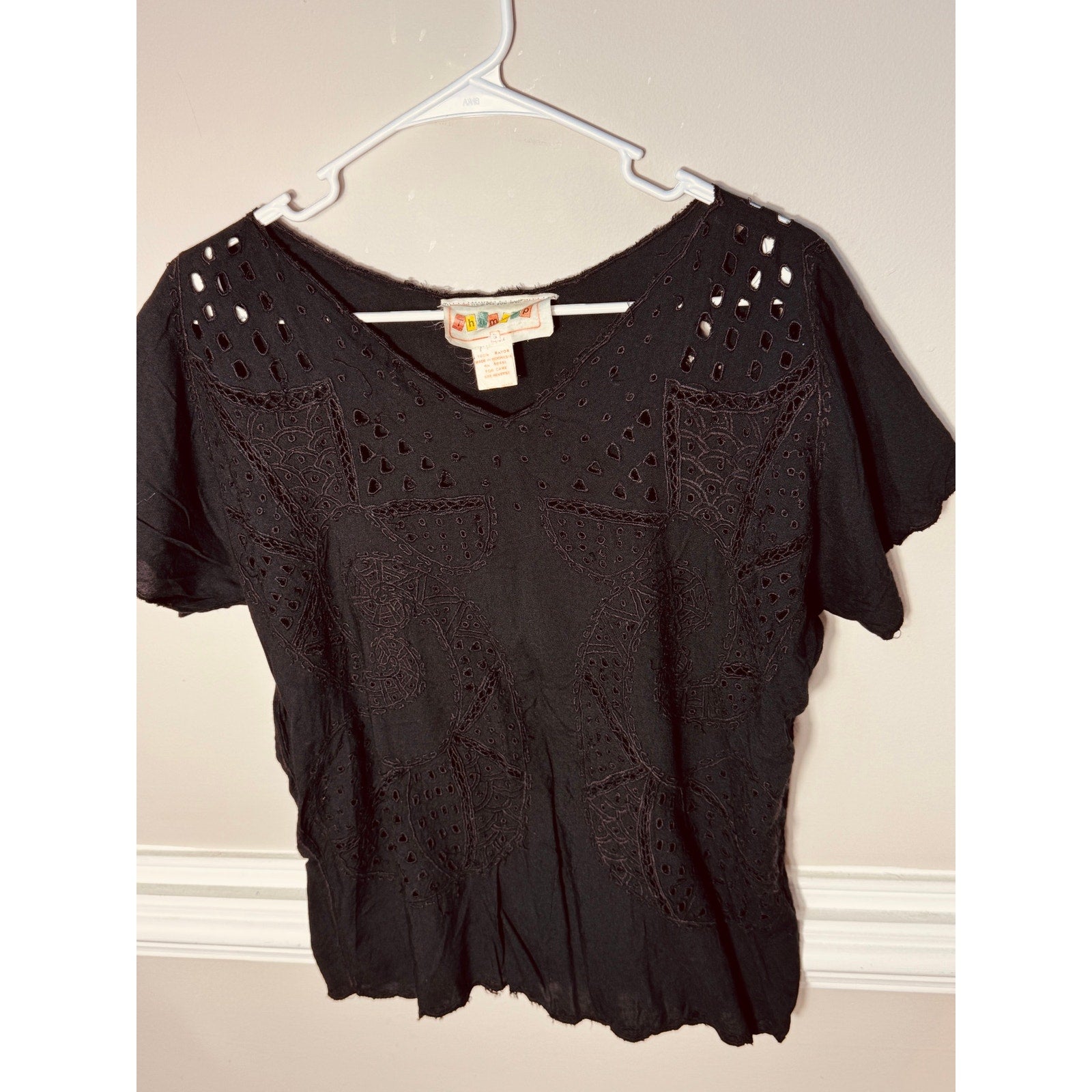 Vintage Thimsup Black Embroidered Eyelet Boho Top Blouse Rayon Indie Festival S