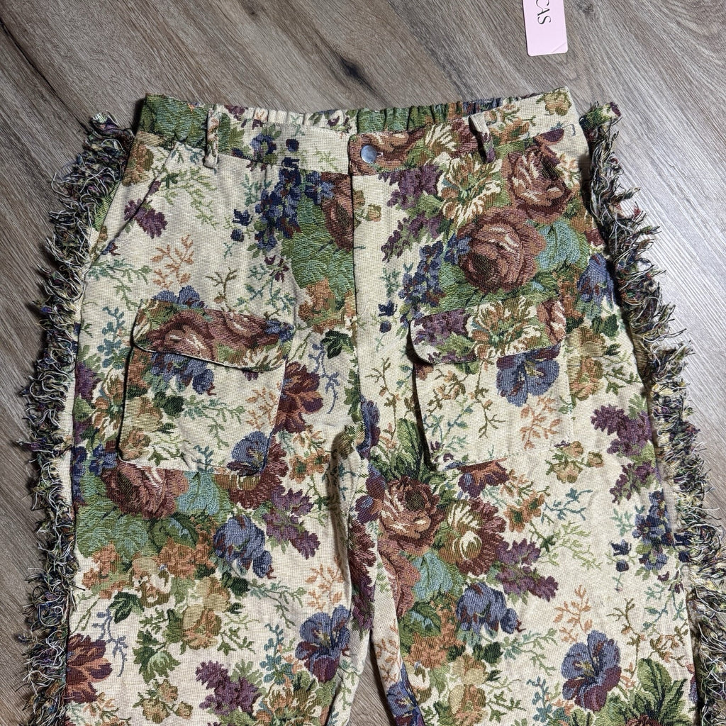 NWT MICAS Floral Tapestry Jacquard Fringe Cargo Pants Rave Bandeau Set Womens L
