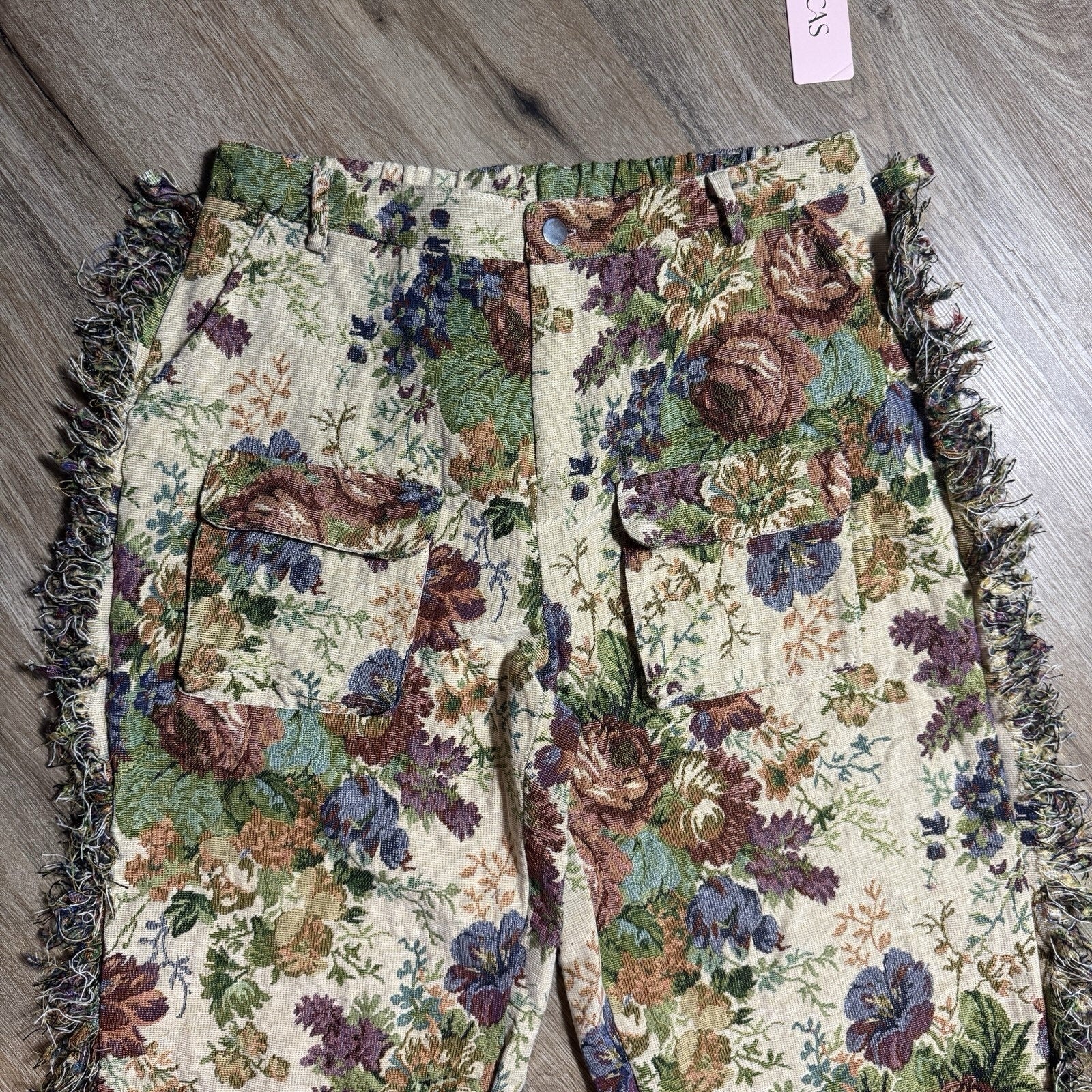 NWT MICAS Floral Tapestry Jacquard Fringe Cargo Pants Rave Bandeau Set Womens L