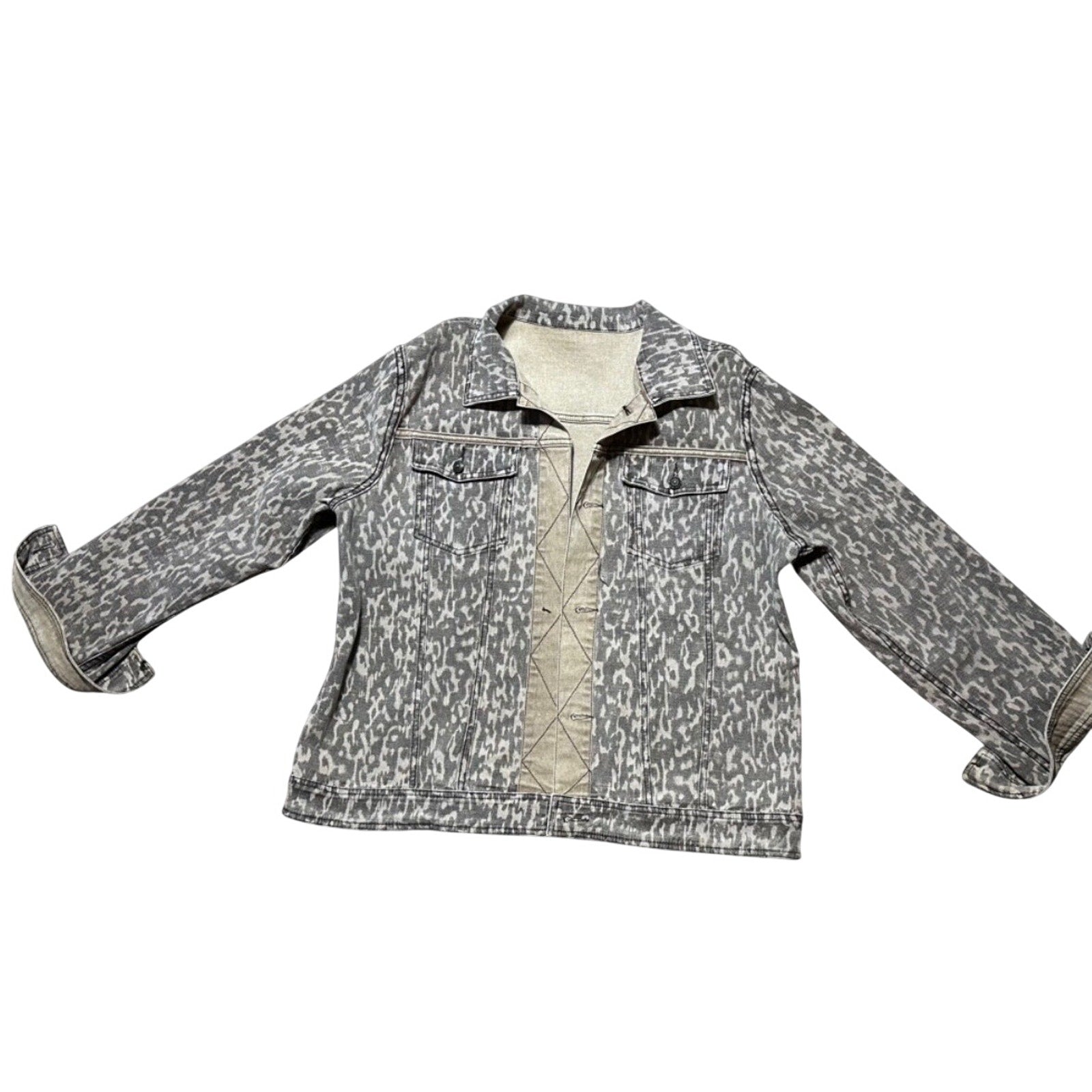 Reversible Animal Print Denim Jacket Women’s XL Gray Acid Wash Leopard Print
