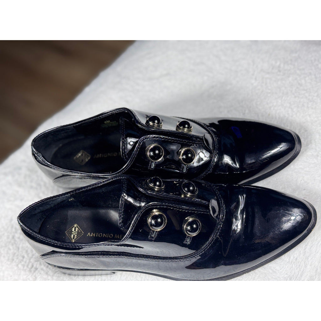 Antonio Melani Black Patent Leather Studded Loafers Women’s Size 6 M Pointed Toe
