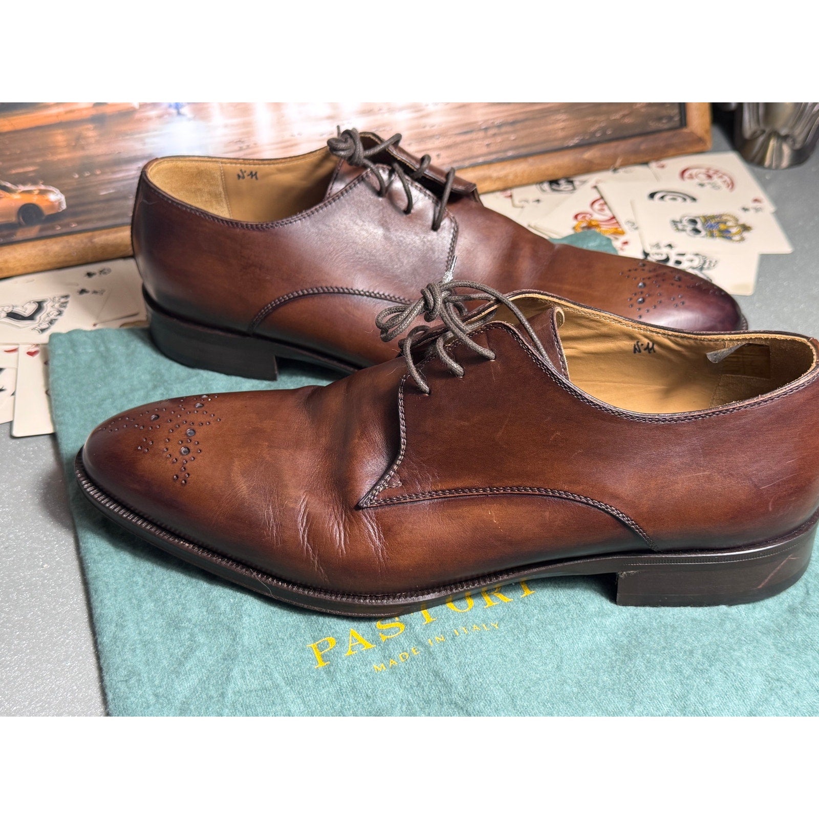 Pastori Handmade Italian Brown Leather Medallion Derby Dress Shoes EU 44 US 11