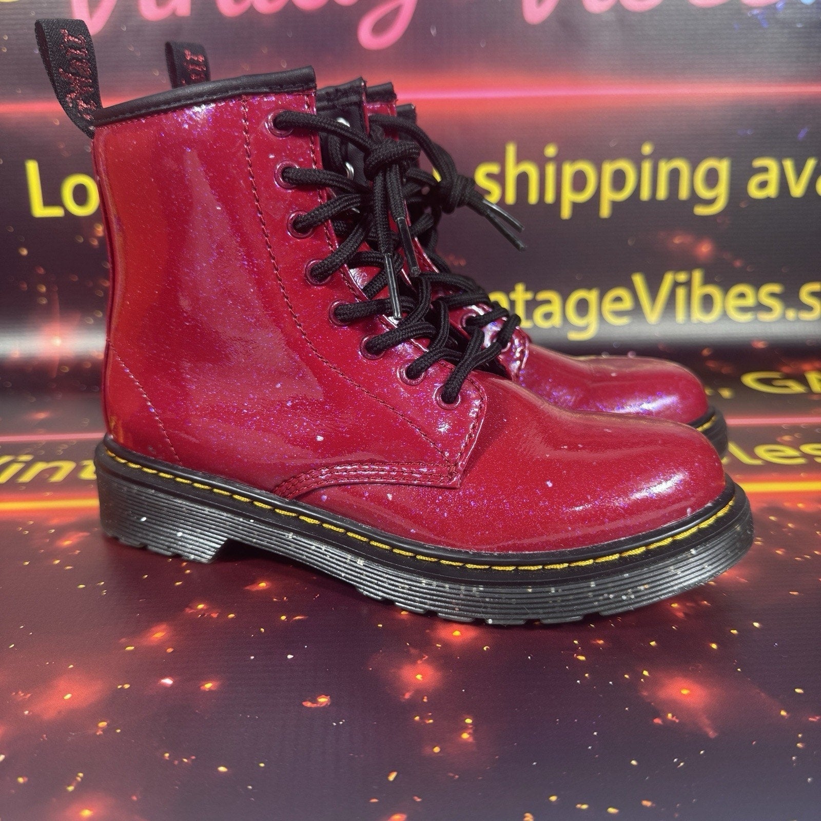 Dr. Martens 1460 J Glitter Red Patent Lace Up Boots Side Zip Youth US 2 EU 33