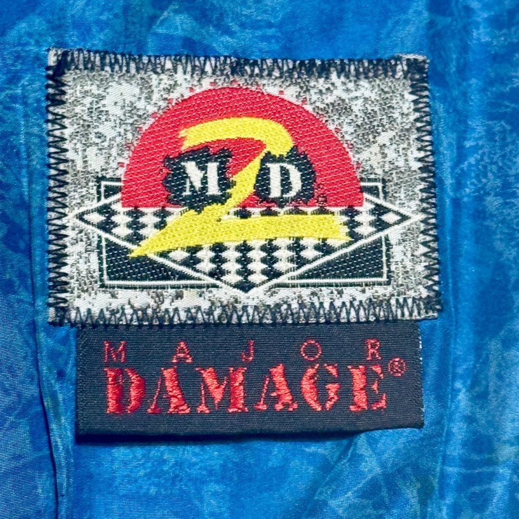 Vintage M2D Major Damage Silk Bomber Jacket Mens XL XXL Blue Black 90s Hip Hop