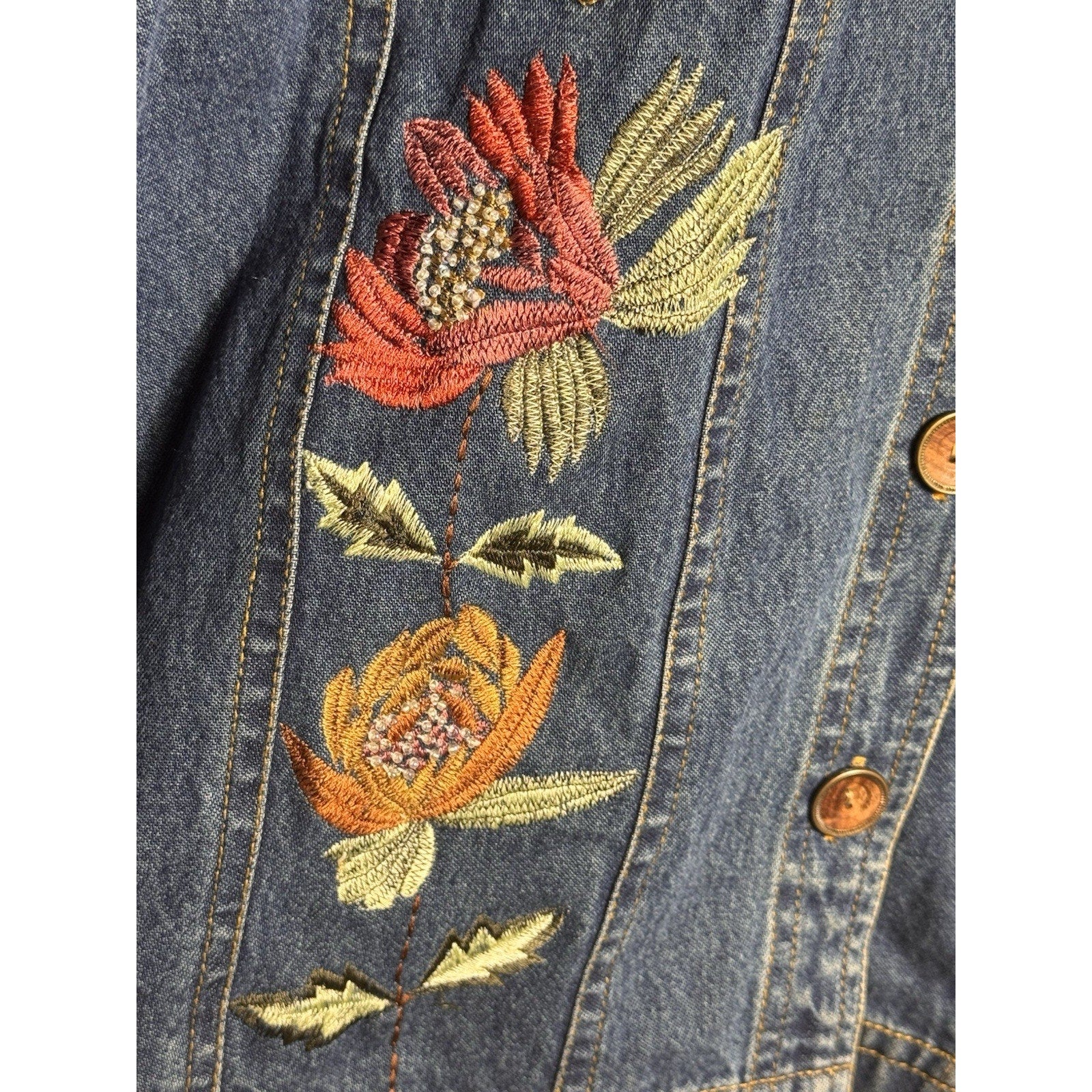 Vtg IKON Clothing Embroidered Floral Denim Jacket Womens XL Button Front