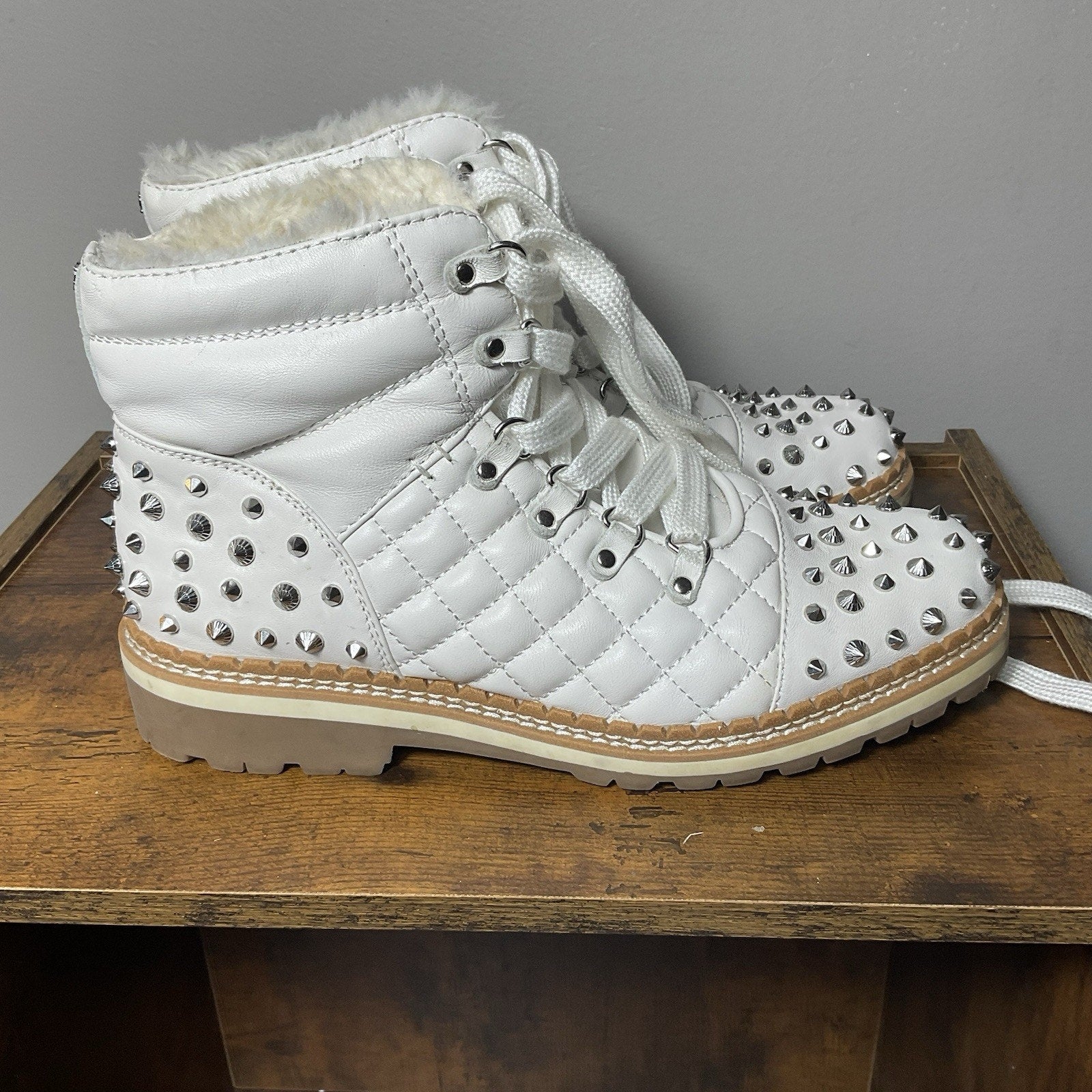 Women’s Sz 8.5 Sam Edelman Cold Weather Bren Studded Combat Boot White Punk
