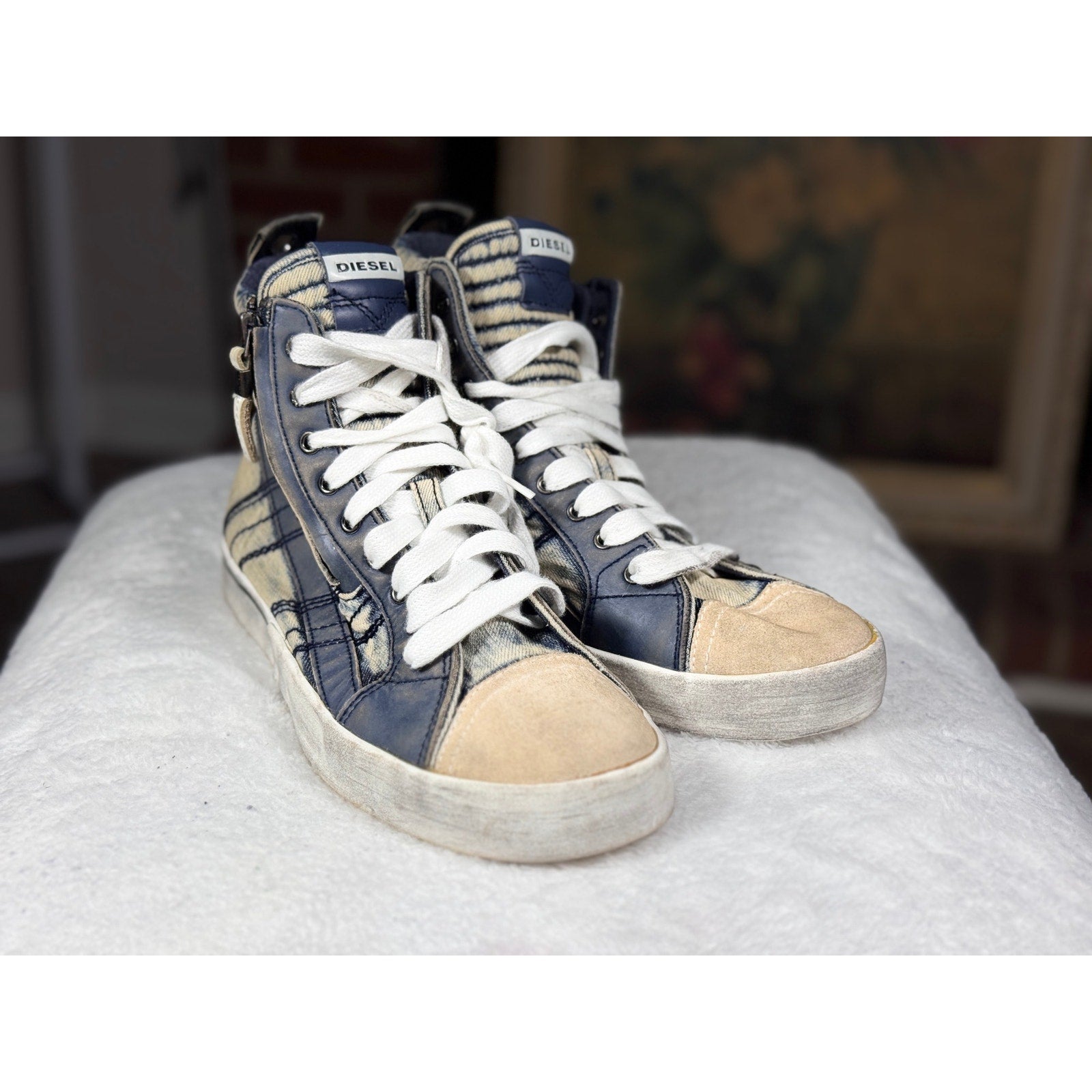Diesel D-Velows Mid Lace Denim Distressed High Top Sneakers Men’s 9.5 Y2K Grunge