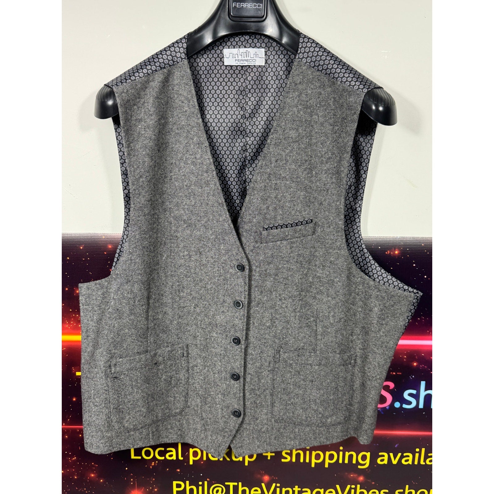 Ferrecci Bradford Grey Tweed Suit Jacket & Vest Mens 48R Slim Fit Formal XXL