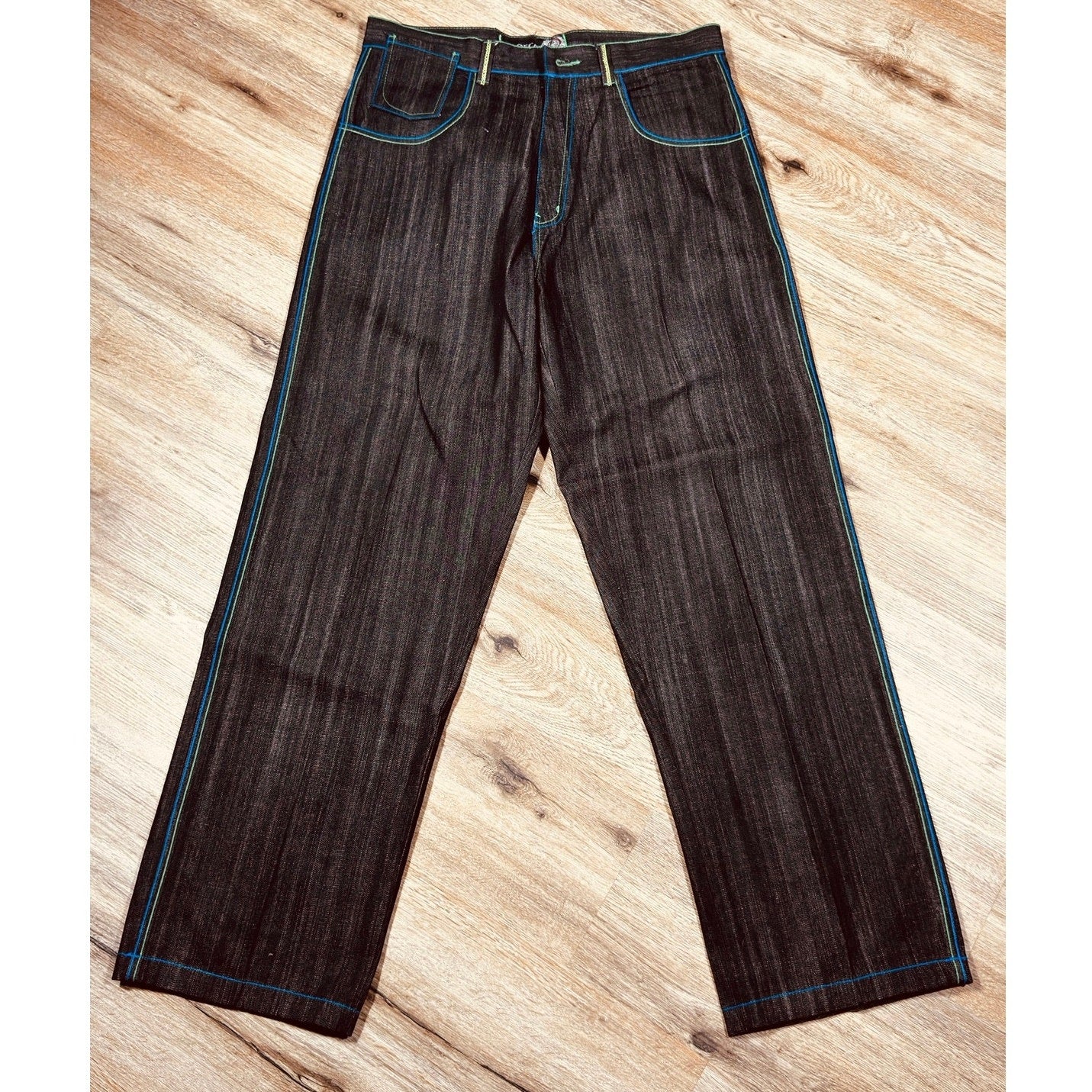 Dodeca Jeans Y2K Dark Wash Wide Leg Graphic Denim 38x34 Rare Streetwear