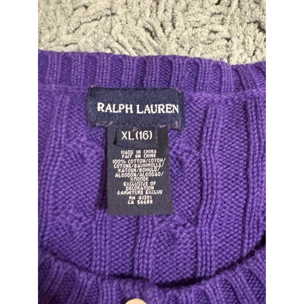 Vtg Polo Ralph Lauren Cable Knit Sweater Purple Yellow Pony Women XL 16