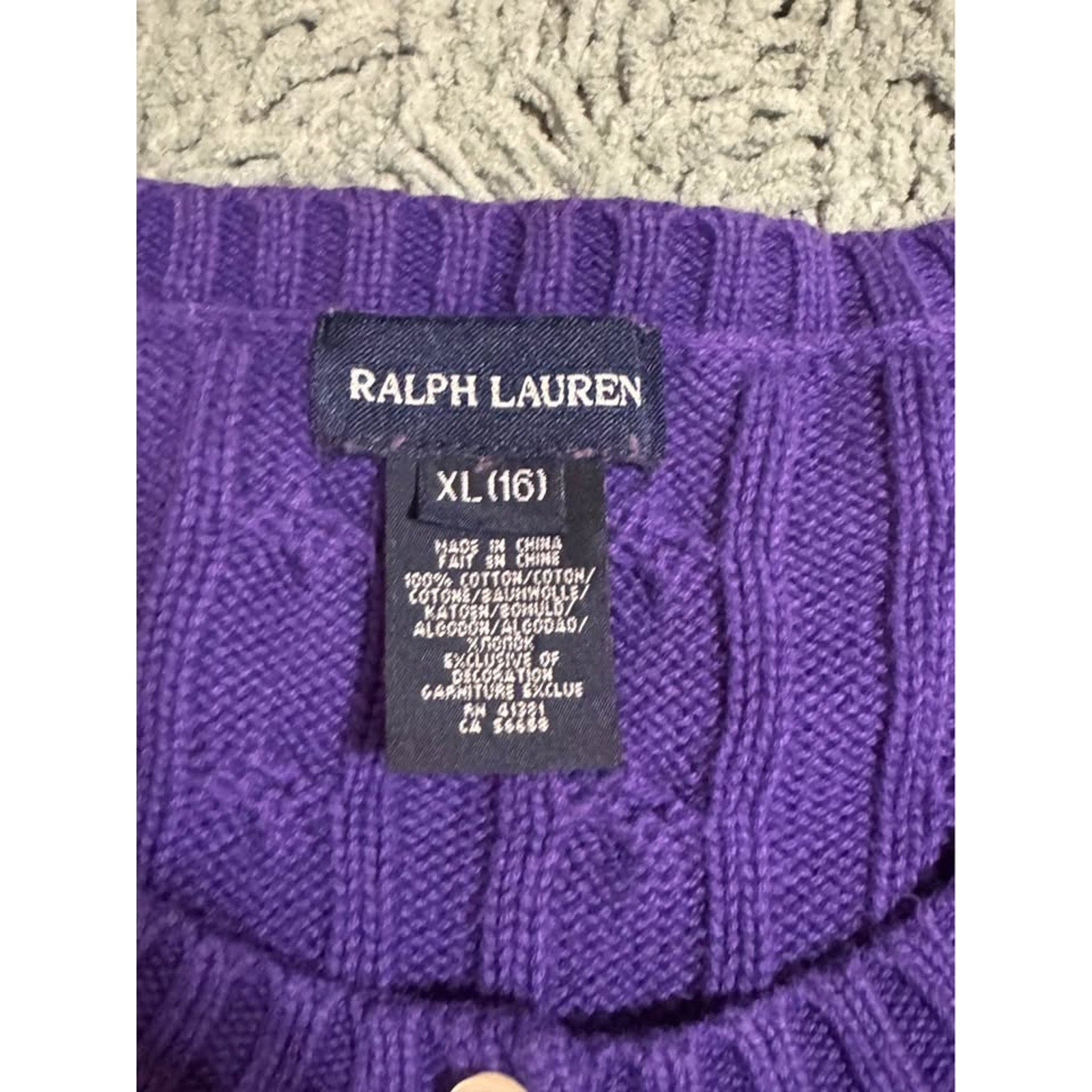 Vtg Polo Ralph Lauren Cable Knit Sweater Purple Yellow Pony Women XL 16