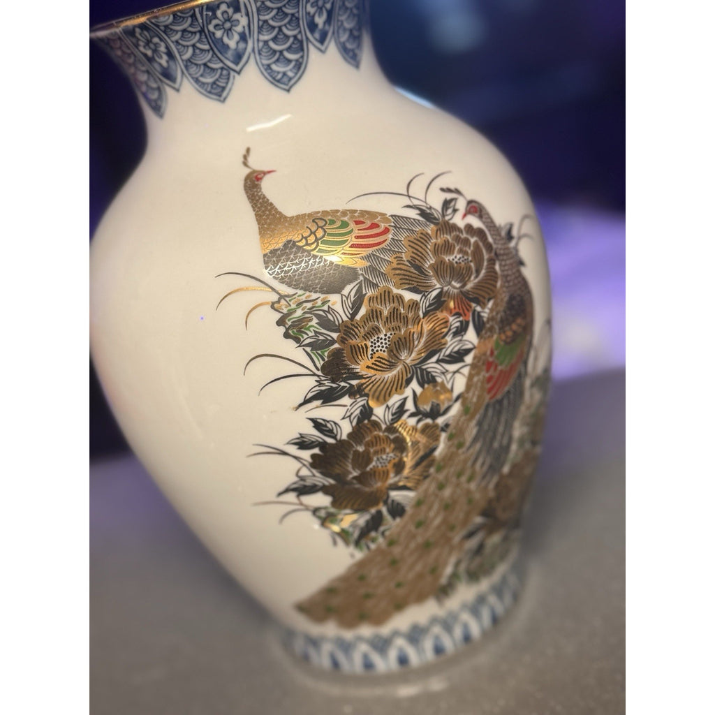 Japanese Satsuma Style Vase Pheasant Peony Gold Trim Blue Rim 9.5 in