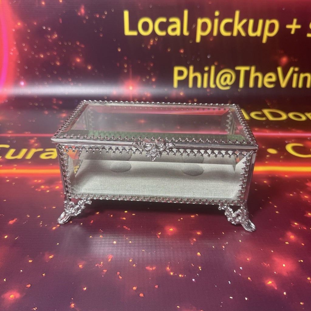 Cynthia Rowley New York Jewelry Box Glass Hinged Silver Filigree Trinket Ring