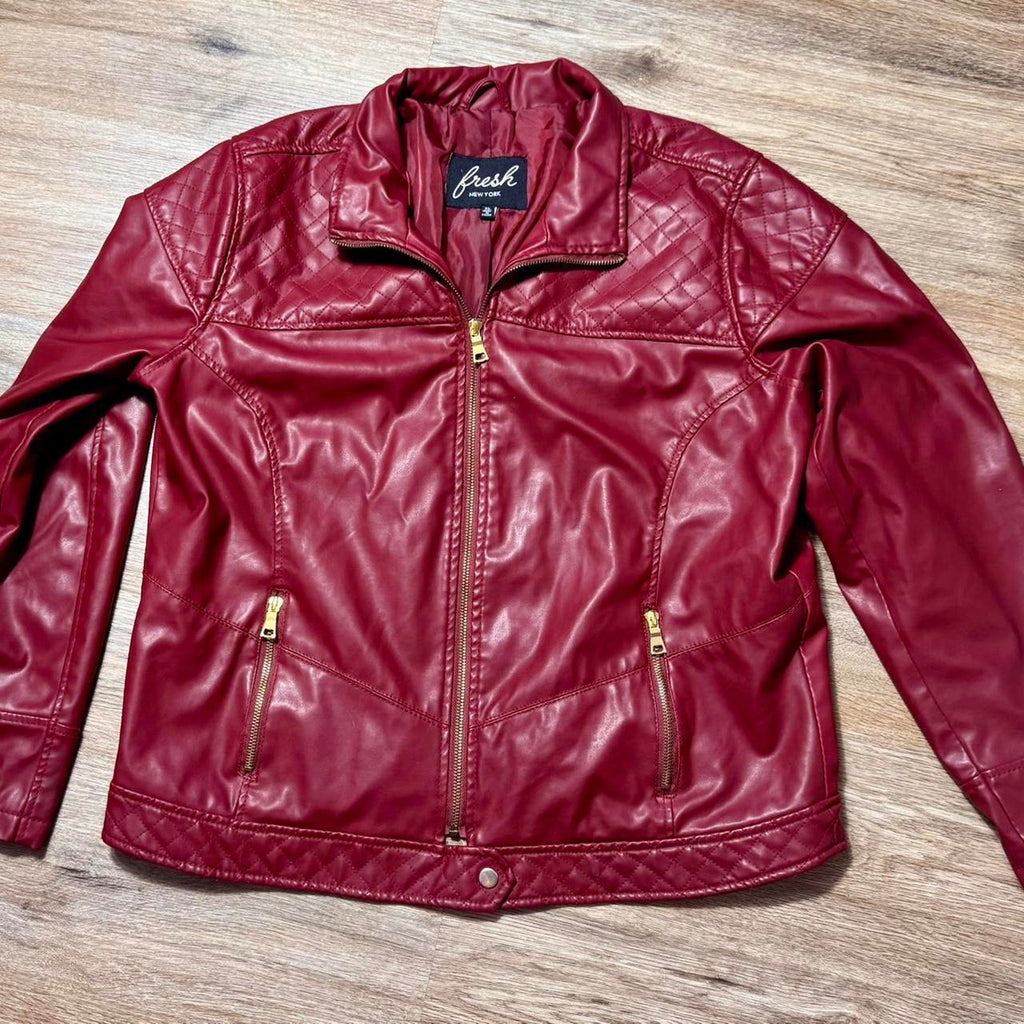 Red faux leather moto jacket