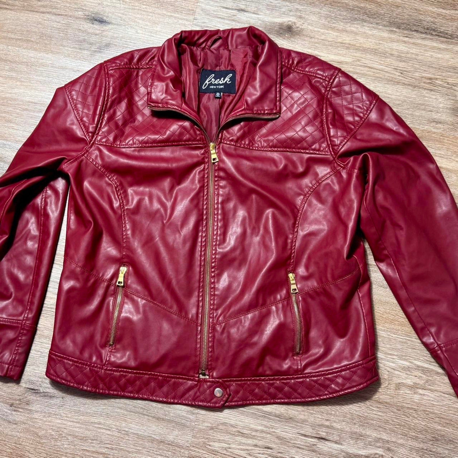 Red faux leather moto jacket