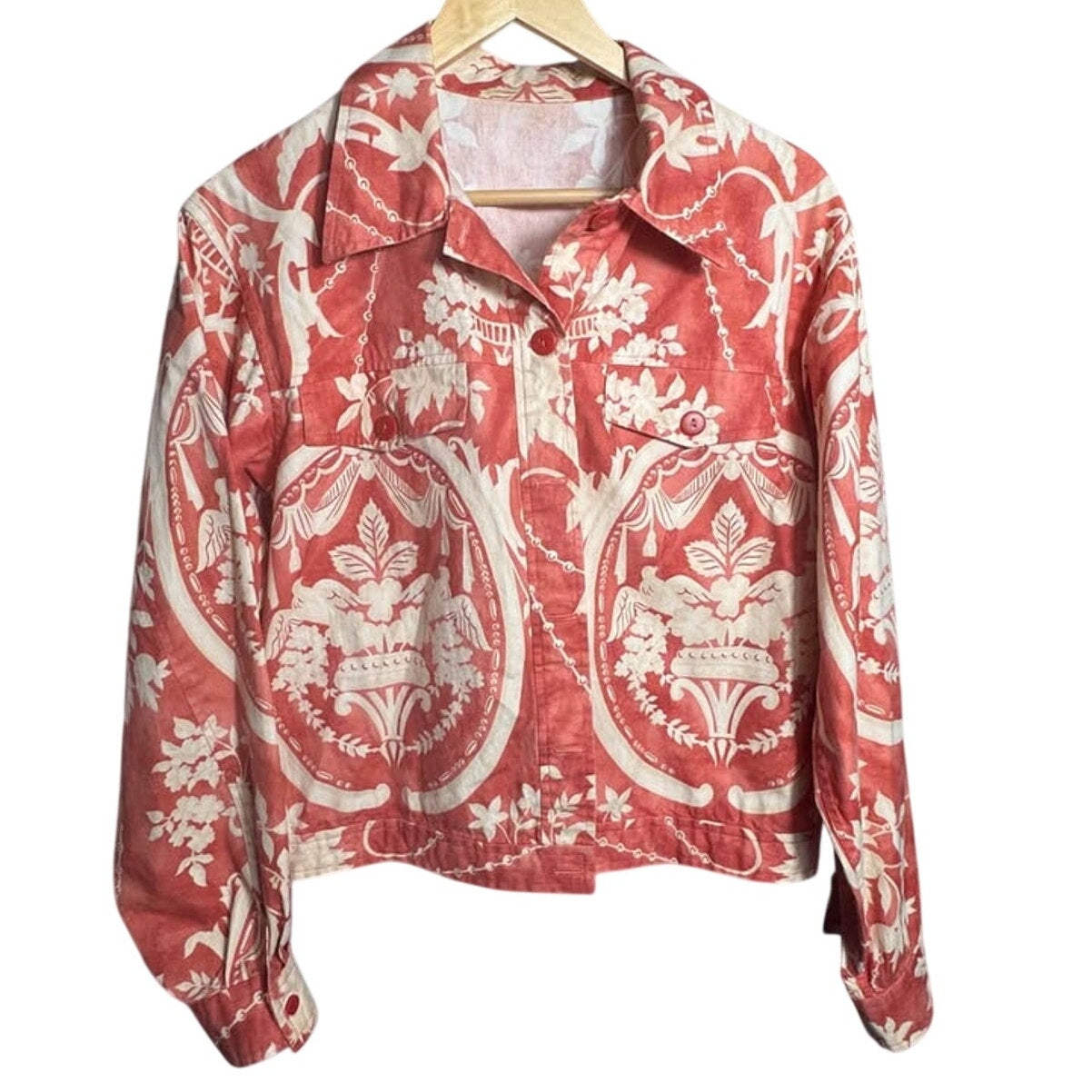Vintage Toile Print Jacket Red Cream Floral French Country Cottagecore Women’s L