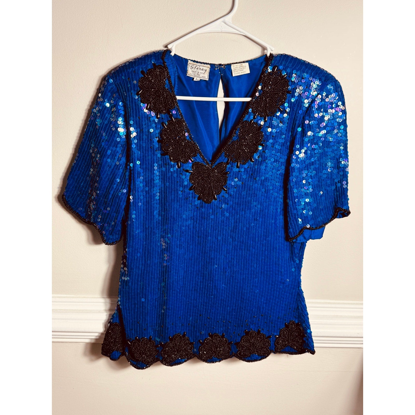 Vintage Stenay Silk Beaded Sequin Top Blue Black Evening Party Blouse Women’s Large