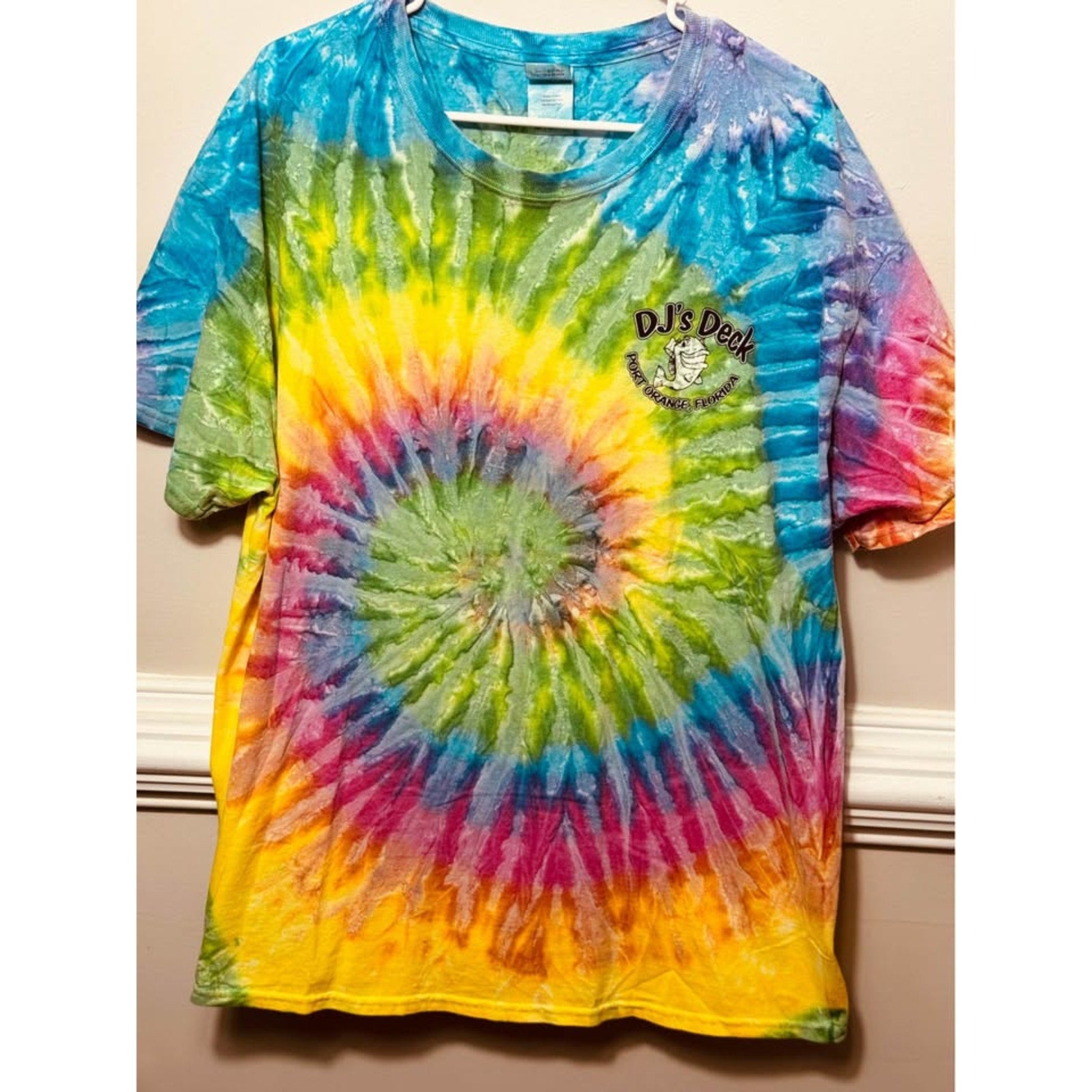 DJ’s Deck Port Orange Florida Tie Dye Seafood Raw Bar Graphic T Shirt XL Gildan