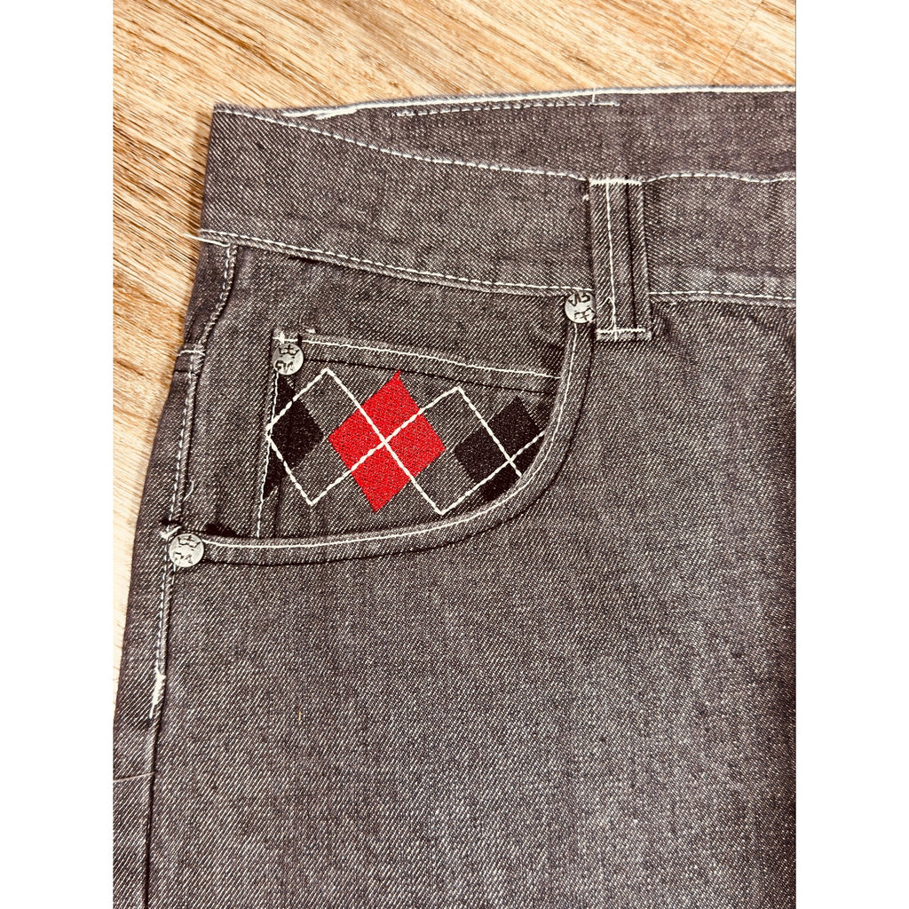 Red Ape Y2K Gray Baggy Jeans Argyle Pocket Embroidered Denim 44x33 Rare Streetwear