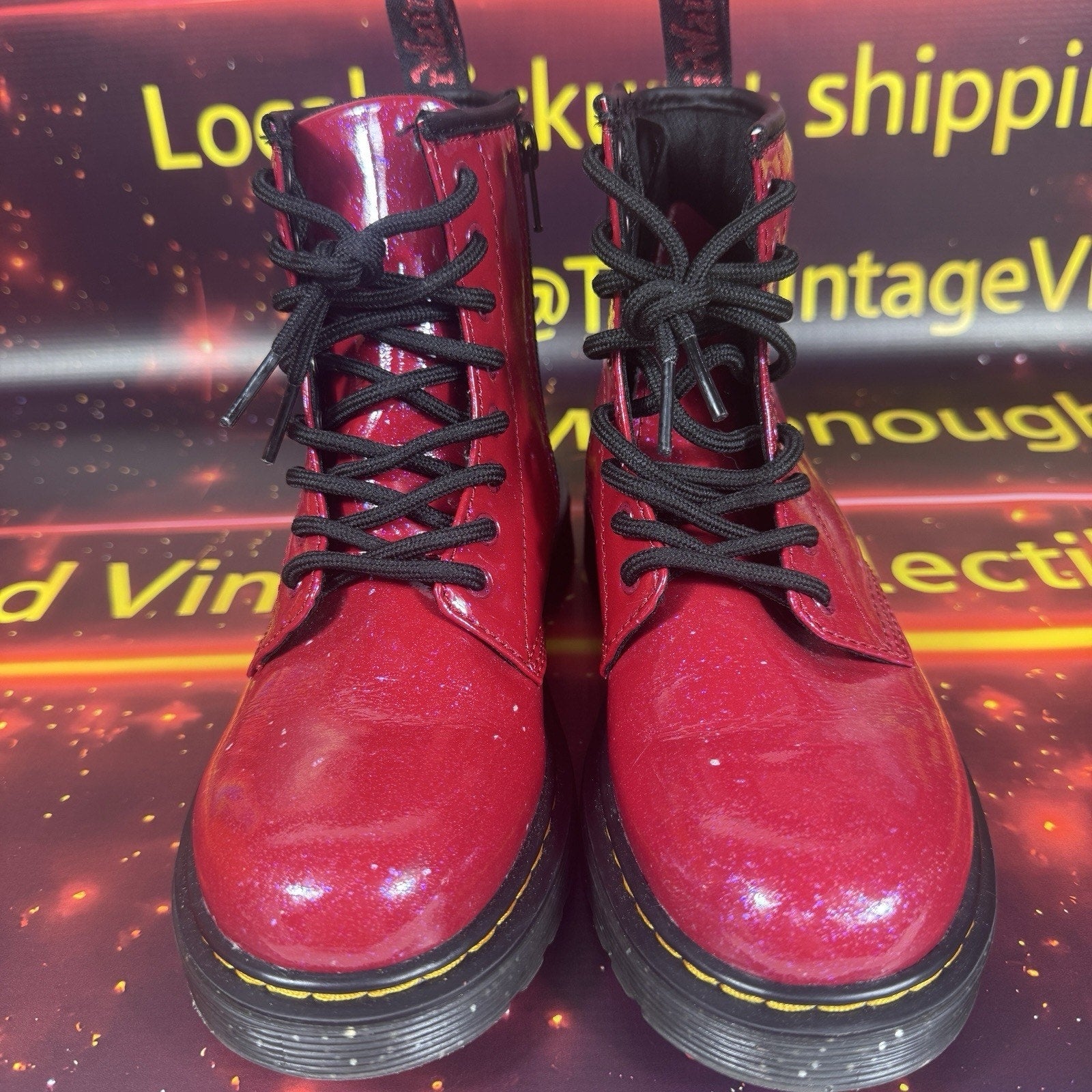 Dr. Martens 1460 J Glitter Red Patent Lace Up Boots Side Zip Youth US 2 EU 33