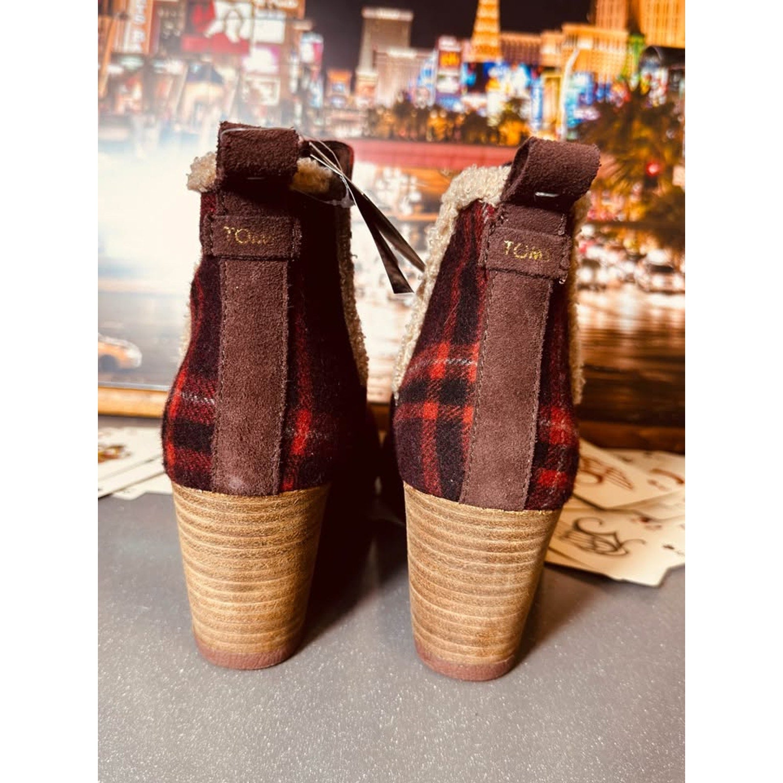 Copied - TOMS Women’s Kelsey Wedge Ankle Boots Sz 5 Red Earthy Plaid Wool Blend