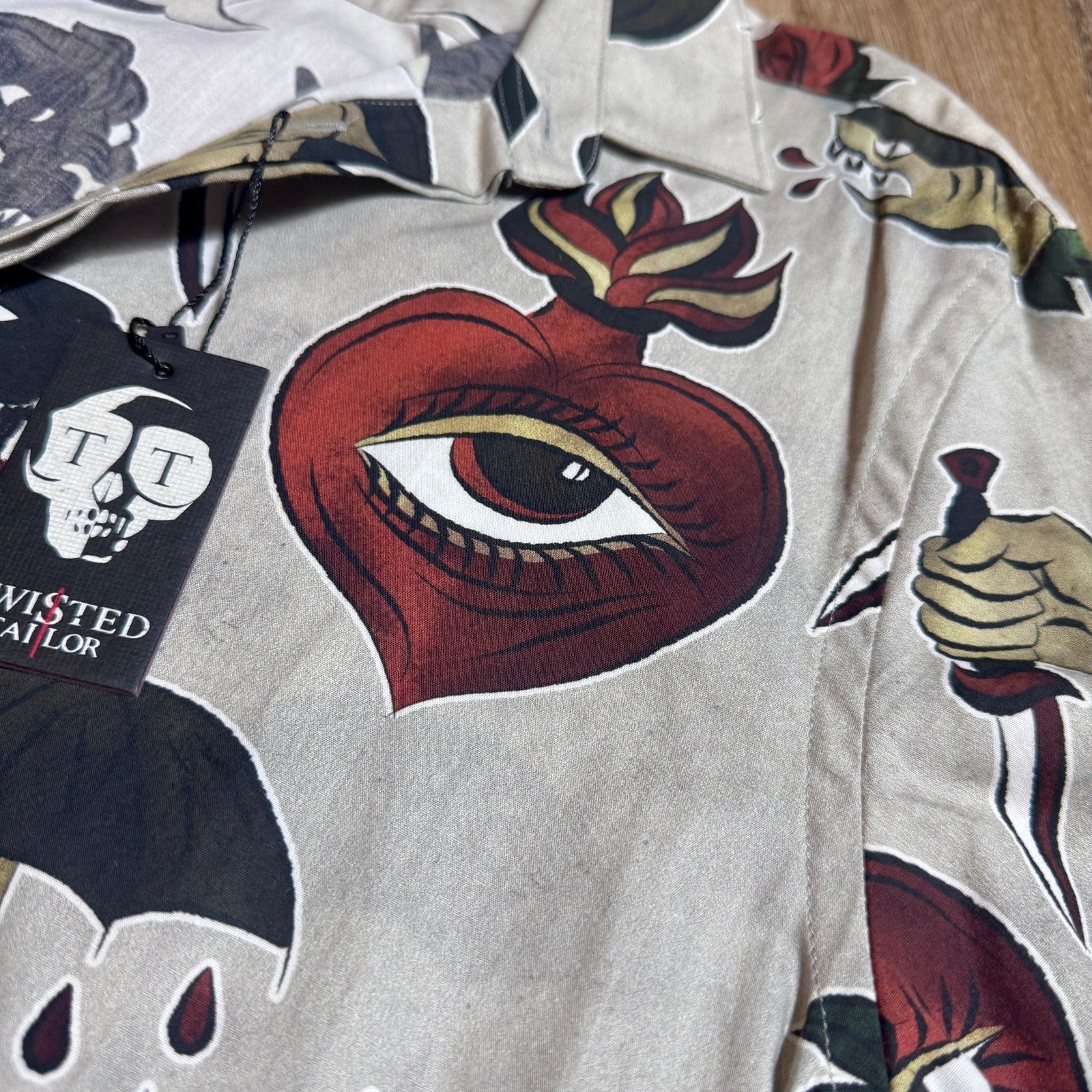 Twisted Tailor Tattoo Flash Print Button Up Shirt Men’s Medium Long NWT