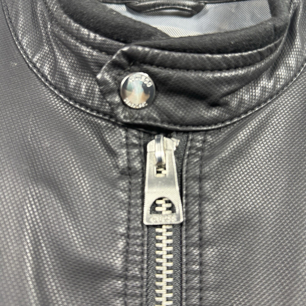 GUESS Mens Large Faux Leather Moto Cafe Racer Jacket Black Quilted Biker Zip