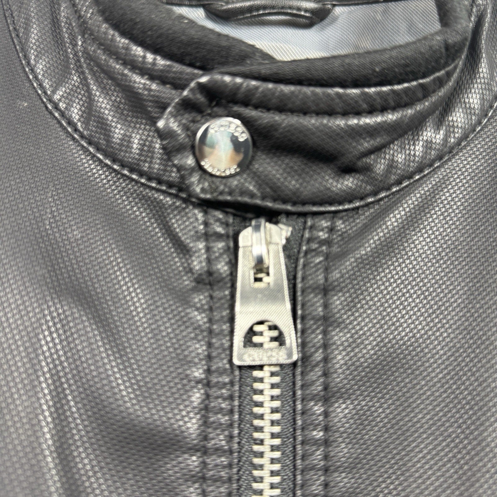 GUESS Mens Large Faux Leather Moto Cafe Racer Jacket Black Quilted Biker Zip