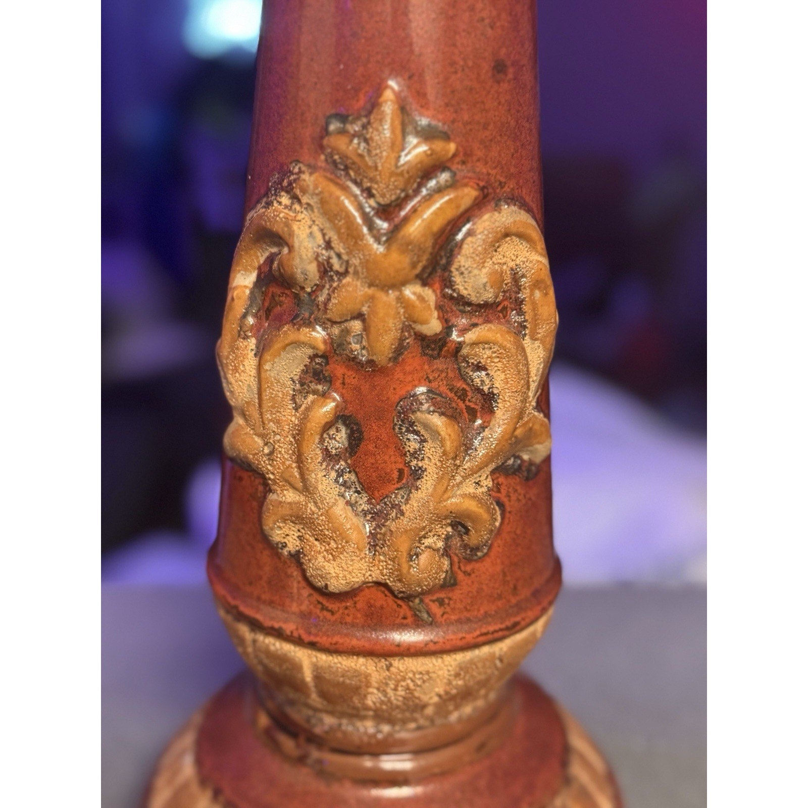 15” Tuscan Style Ceramic Pillar Candle Holder Brown Gold Fleur‑De‑Lis Vtg Home