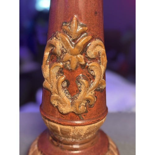 15” Tuscan Style Ceramic Pillar Candle Holder Brown Gold Fleur‑De‑Lis Vtg Home