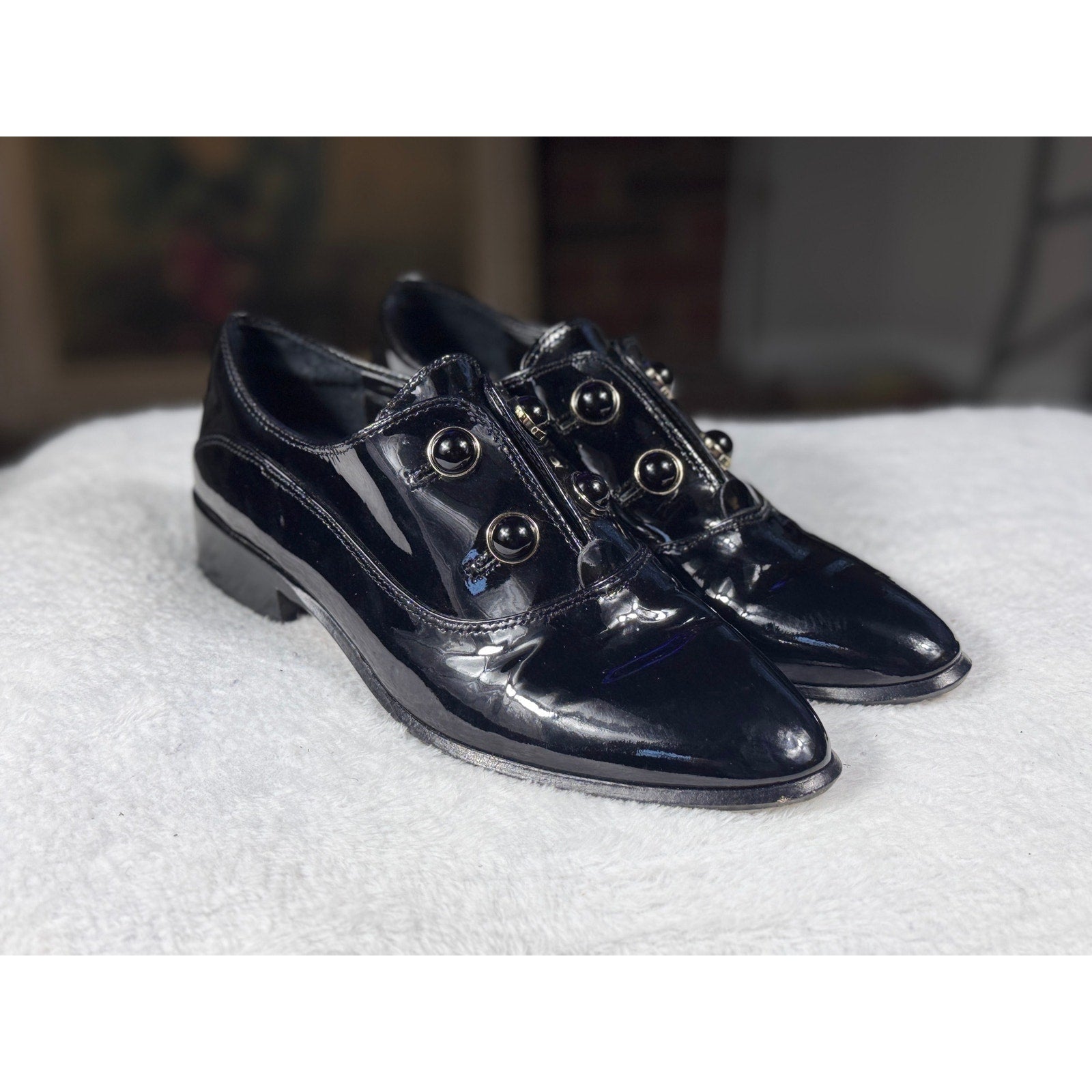 Antonio Melani Black Patent Leather Studded Loafers Women’s Size 6 M Pointed Toe