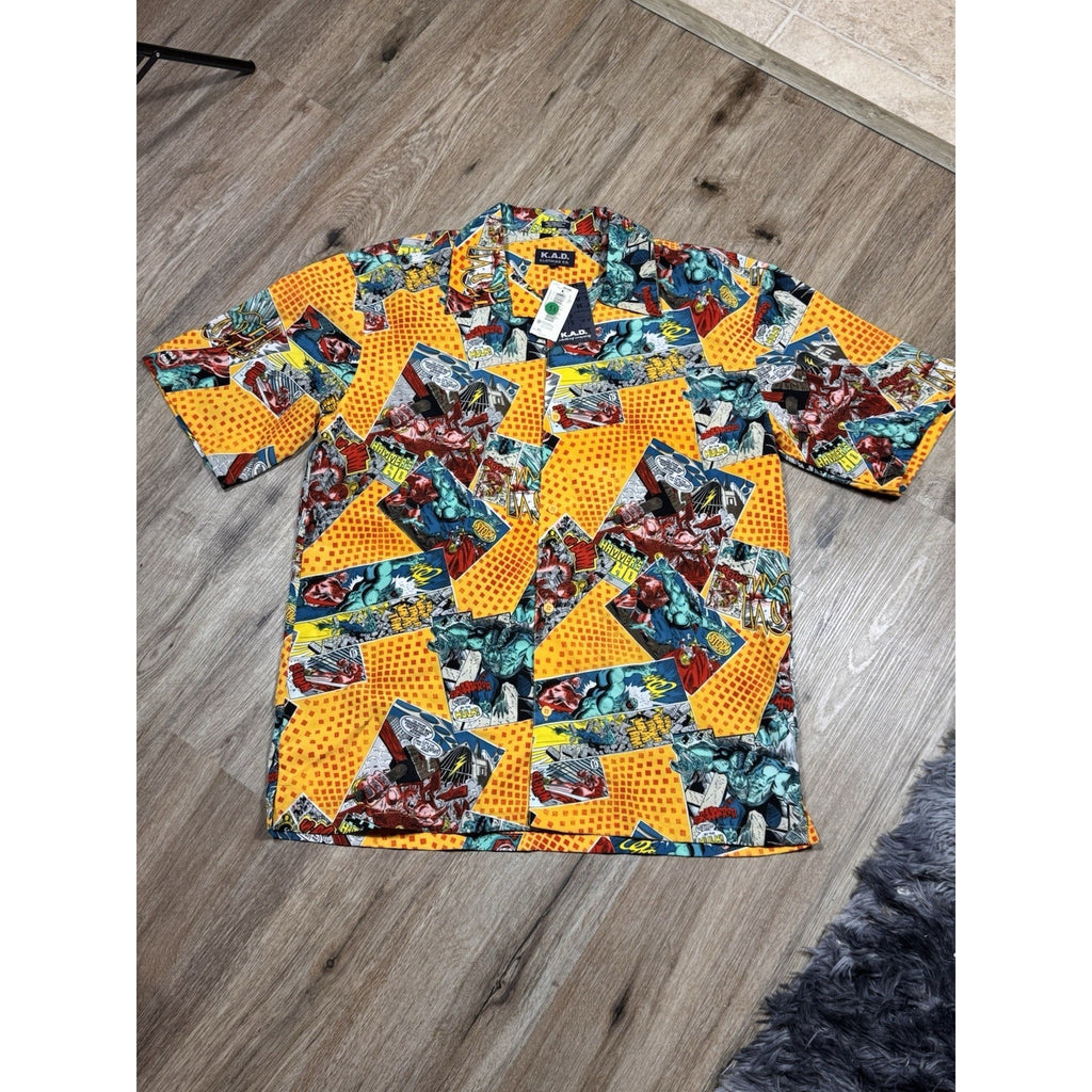 Vtg KAD Comic Book All Over Print Button Up Shirt Marvel Style XL Thor Hulk Y2K