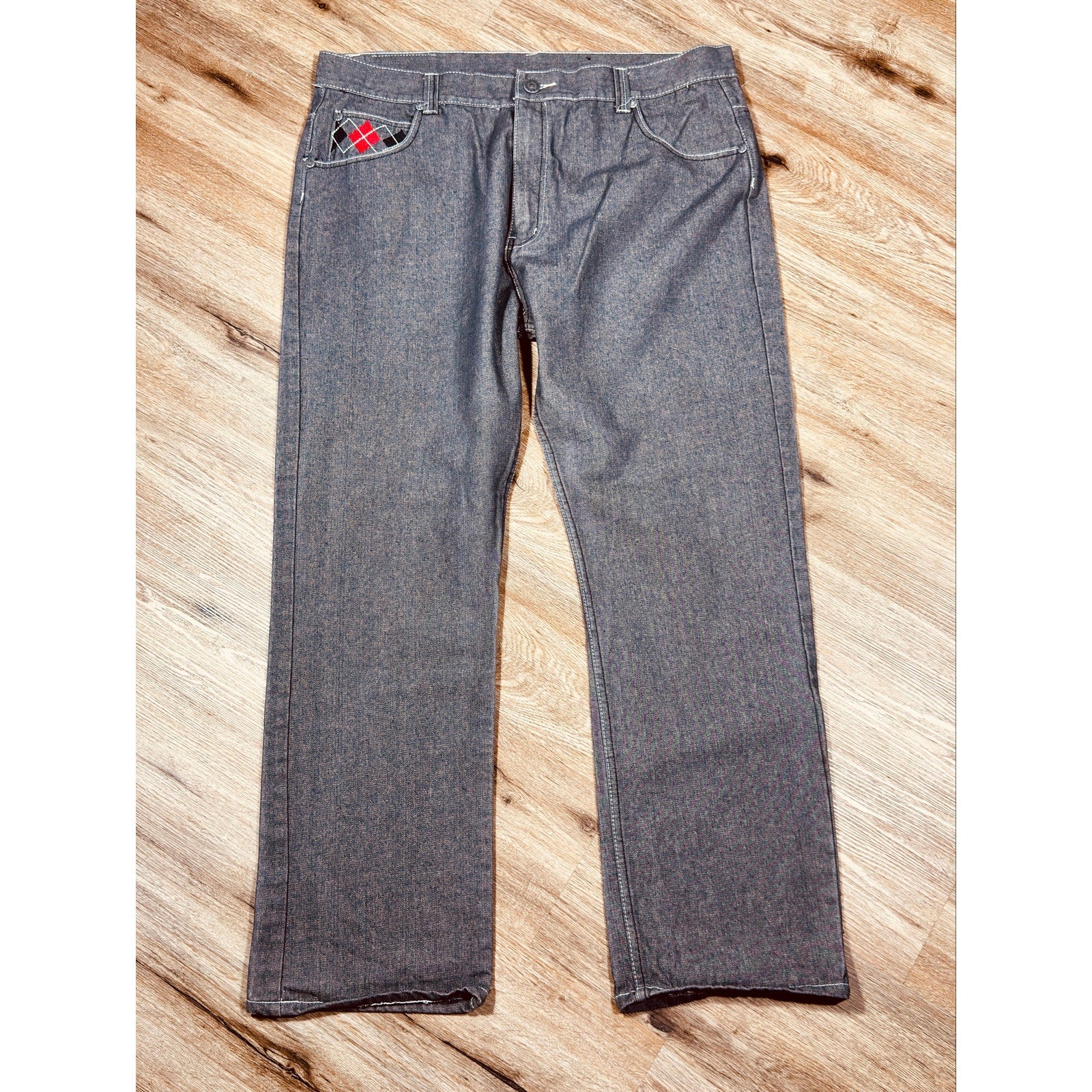 Red Ape Y2K Gray Baggy Jeans Argyle Pocket Embroidered Denim 44x33 Rare Streetwear