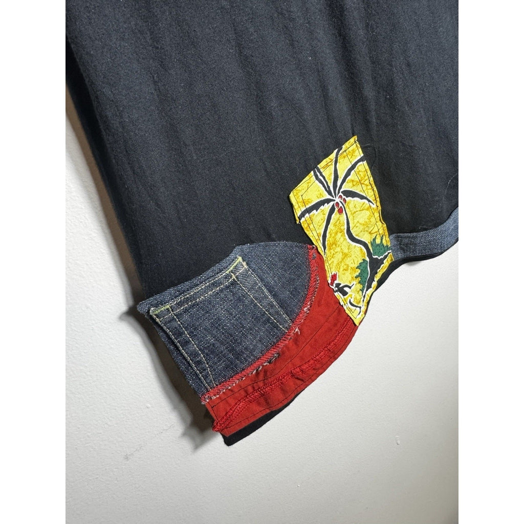 Handcrafted African Print Patchwork Denim Shirt – Unique Bohemian Style Large