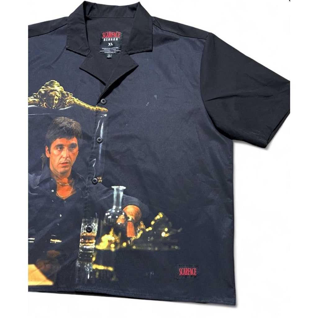 Scarface Tony Montana Button Up Shirt XL Reason Black Camp Collar Movie Print