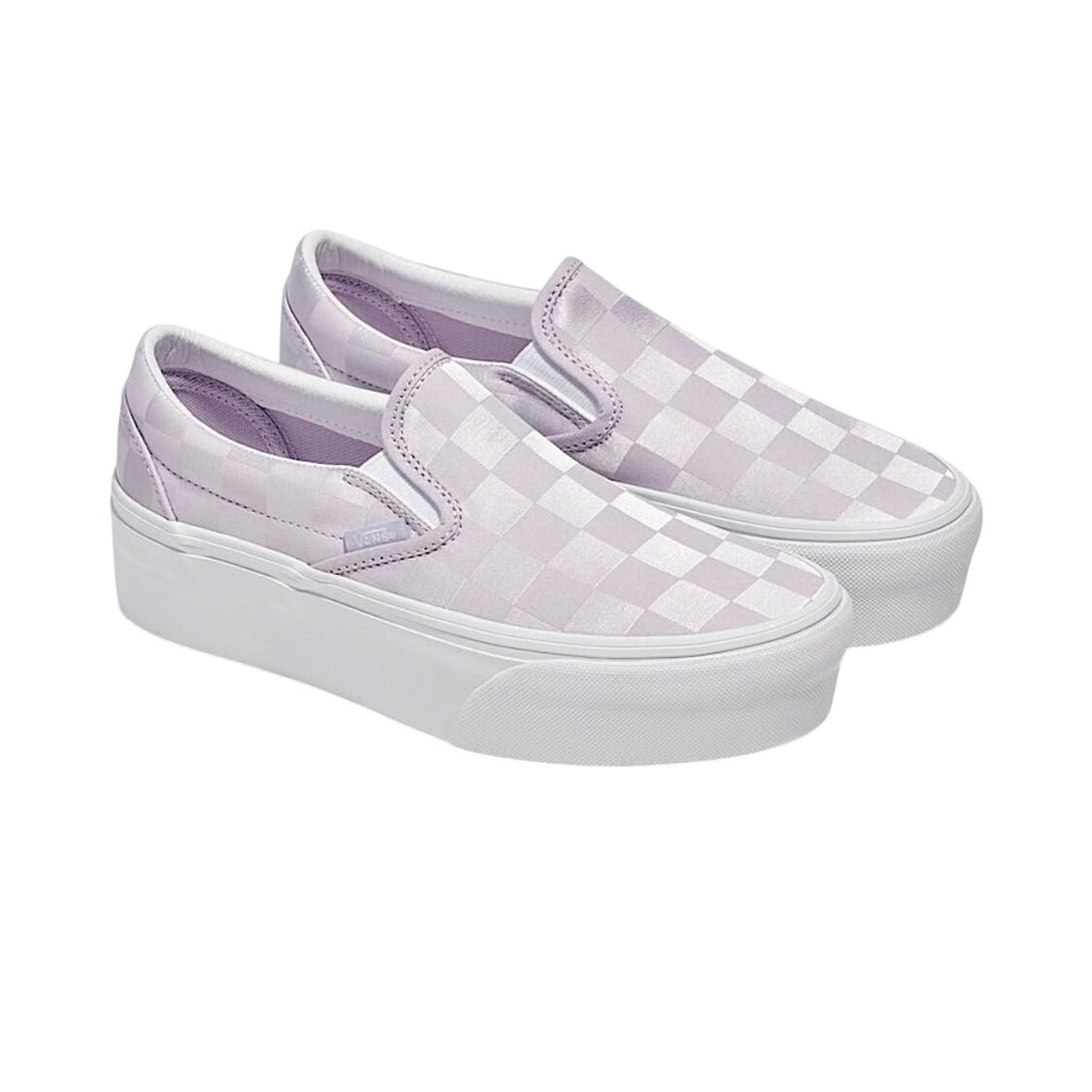 Vans Classic Slip-On Stackform Checkerboard Satin Lilac Purple Platform Shoes W7