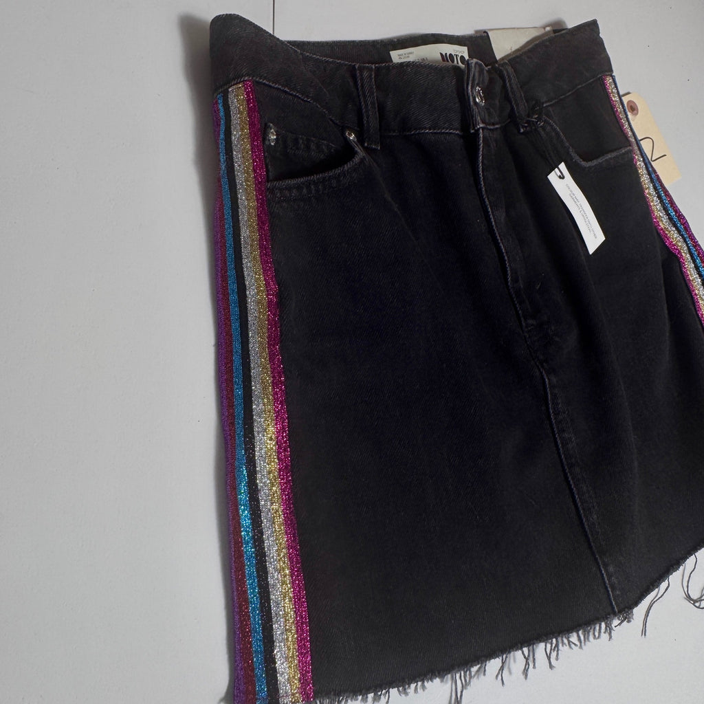 NWT Topshop Moto Black Denim Mini Skirt Rainbow Glitter Stripe Raw Hem Size 2