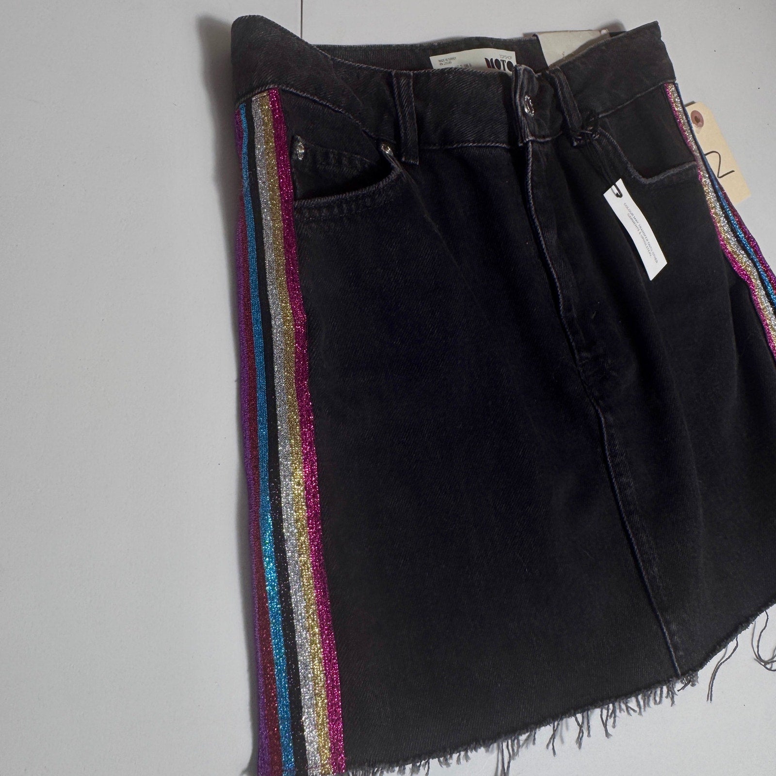 NWT Topshop Moto Black Denim Mini Skirt Rainbow Glitter Stripe Raw Hem Size 2