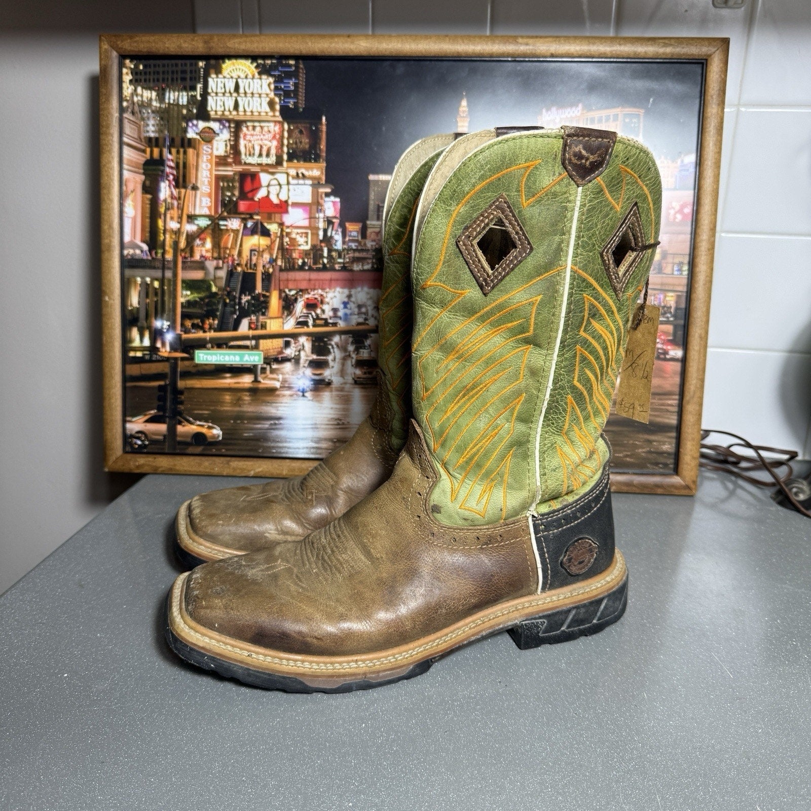 Justin Hybred WK4970 Green Grass Square Toe Wellington EH Work Boots Men’s 8.5D