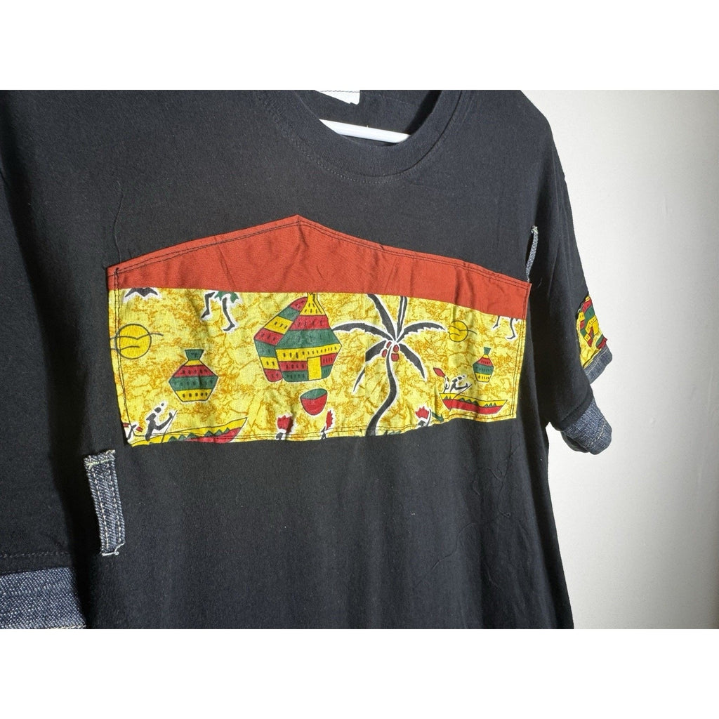 Handcrafted African Print Patchwork Denim Shirt – Unique Bohemian Style Large
