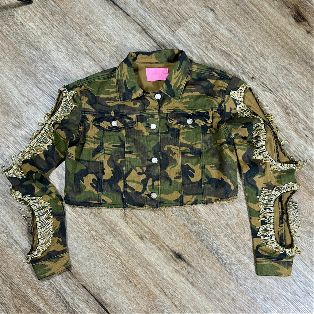 Azalea Wang Camo Rhinestone Fringe Cold Shoulder Cropped Trucker Jacket Small S