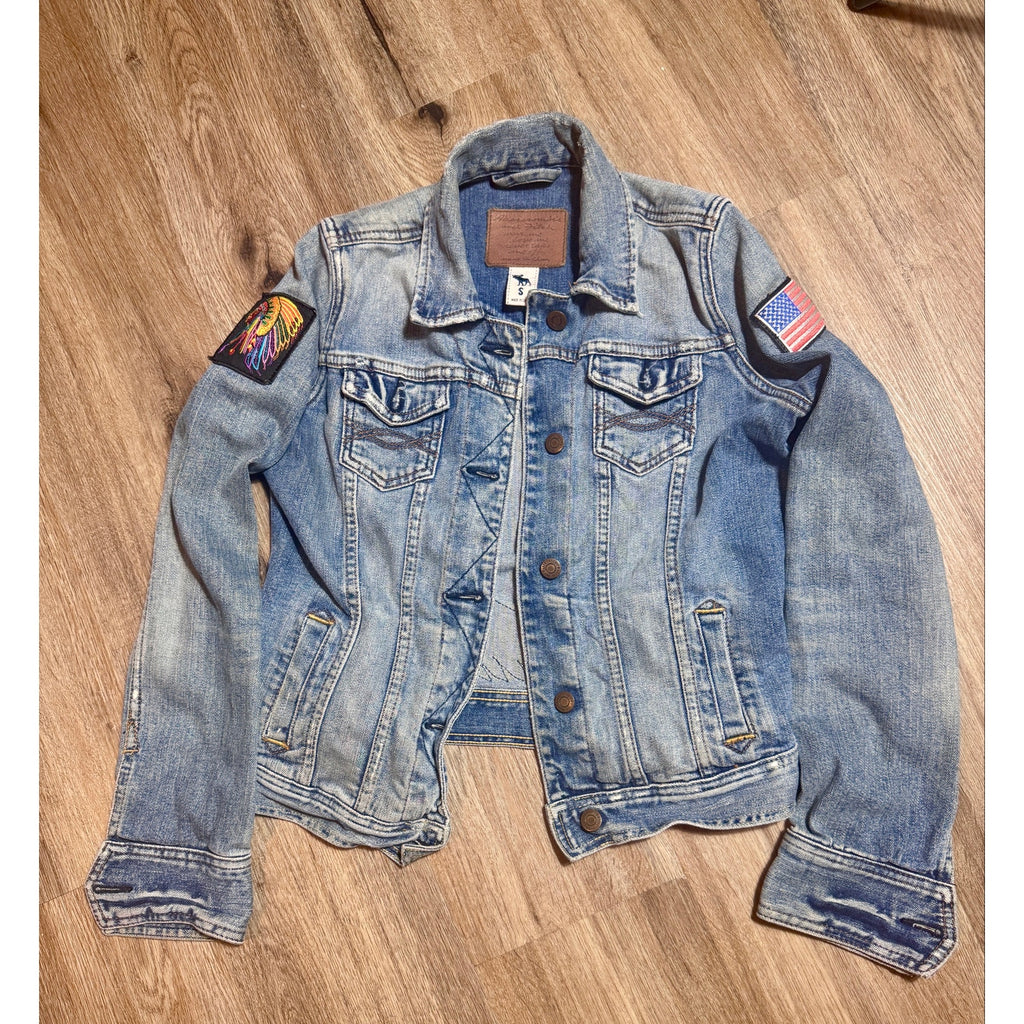 Vtg Abercrombie Fitch Indian Motorcycle Patch Denim Jacket Women S USA Flag Y2K
