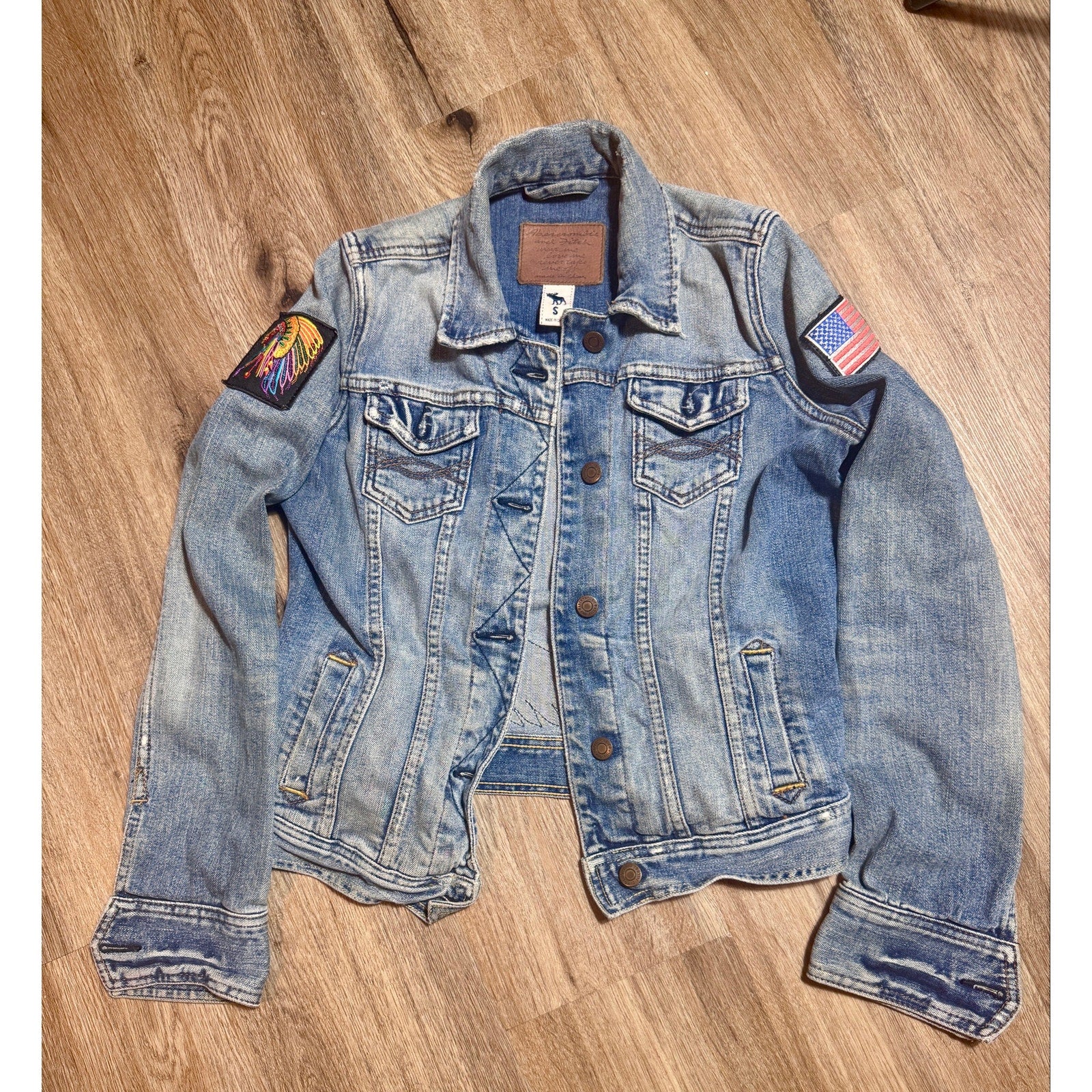 Vtg Abercrombie Fitch Indian Motorcycle Patch Denim Jacket Women S USA Flag Y2K