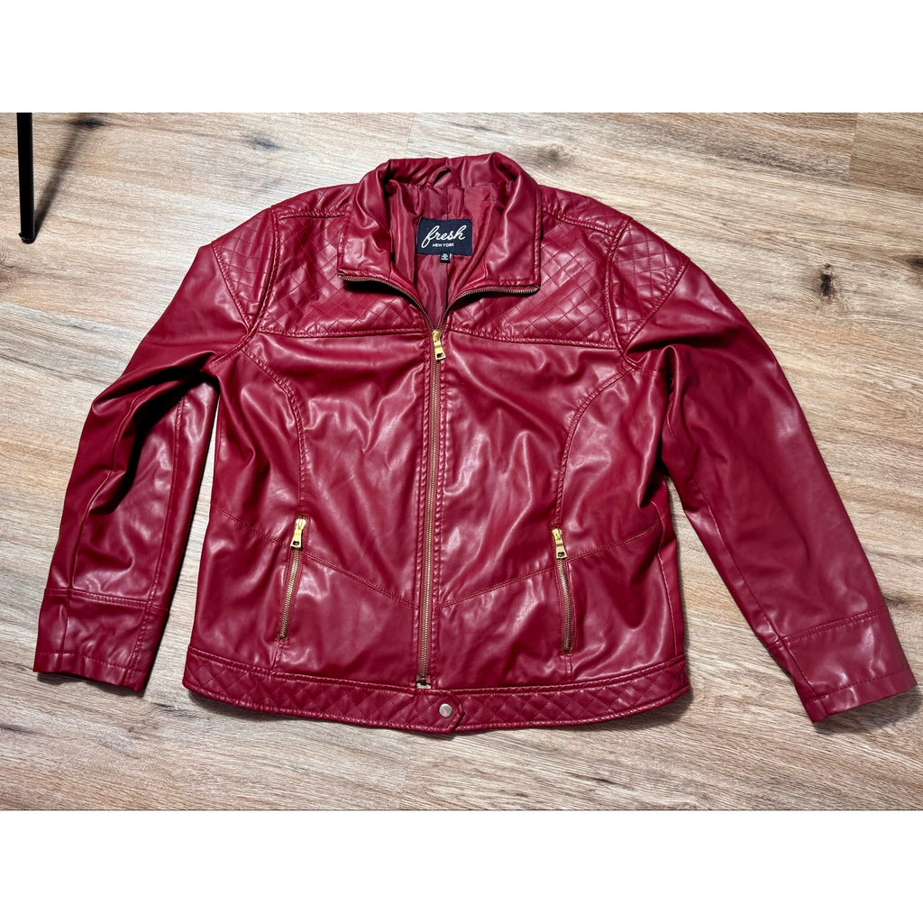 Fresh New York Red Faux Leather Moto Jacket Womens XL Quilted Biker Gold Zip