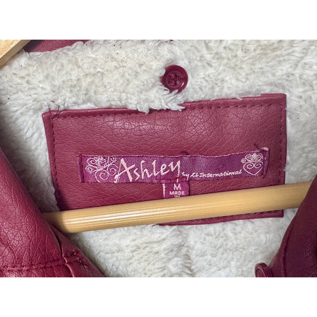 Ashley Faux Leather Sherpa Lined Moto Bomber Jacket Burgundy Women’s M Medium