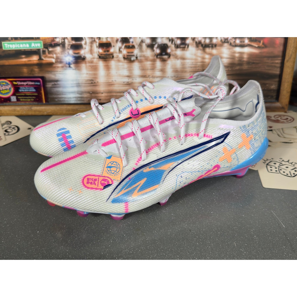Puma Ultra Match FG/AG Soccer Cleats White Pink Blue 108063-01 Men’s 8.5