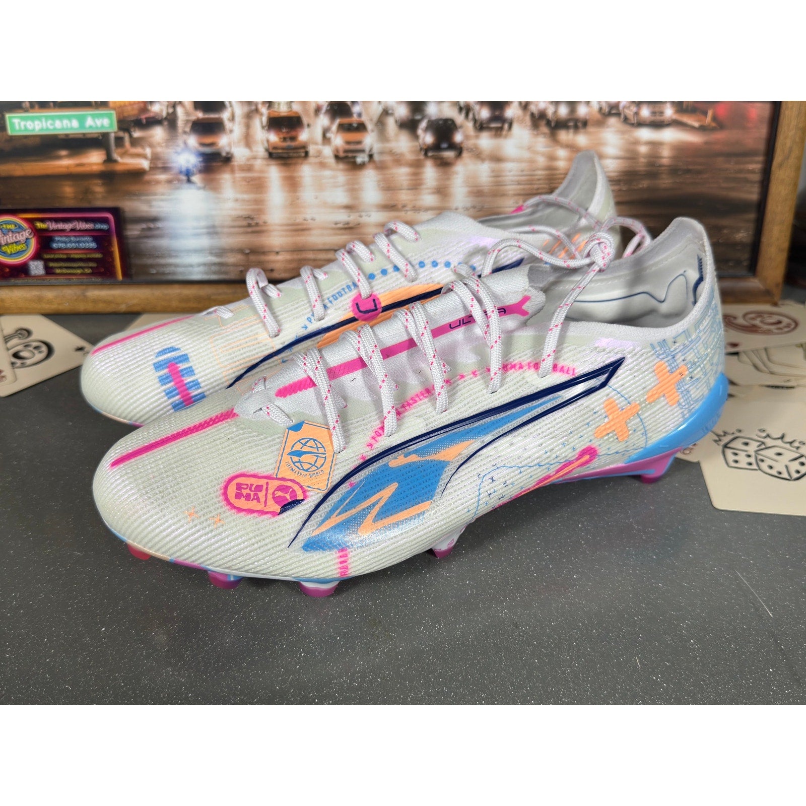 Puma Ultra Match FG/AG Soccer Cleats White Pink Blue 108063-01 Men’s 8.5