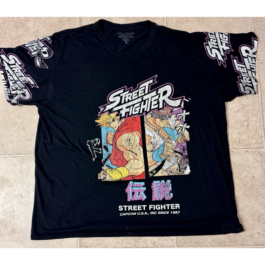 Vtg Street Fighter Ken Ryu Graphic T-Shirt Capcom 1987 Sleeve Print 4XL