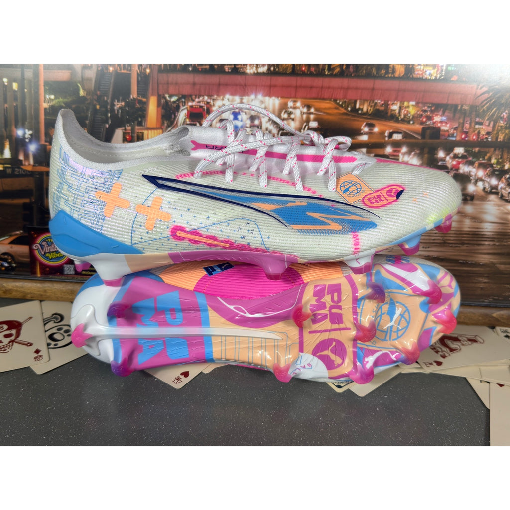 Puma Ultra Match FG/AG Soccer Cleats White Pink Blue 108063-01 Men’s 8.5