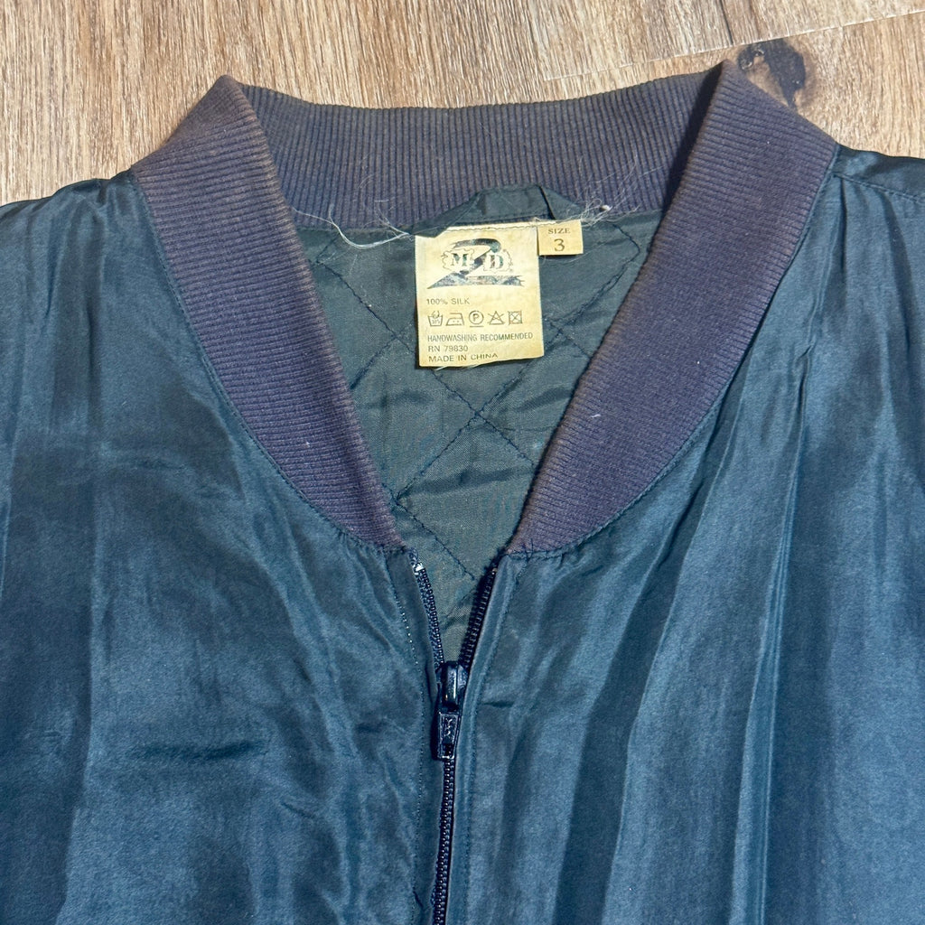 Vintage M2D Major Damage Silk Bomber Jacket Mens XL XXL Blue Black 90s Hip Hop